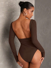 Women's Burgundy Solid Minimalist Sexy Backless Bodysuit With Boat Neck & Long Sleeve
